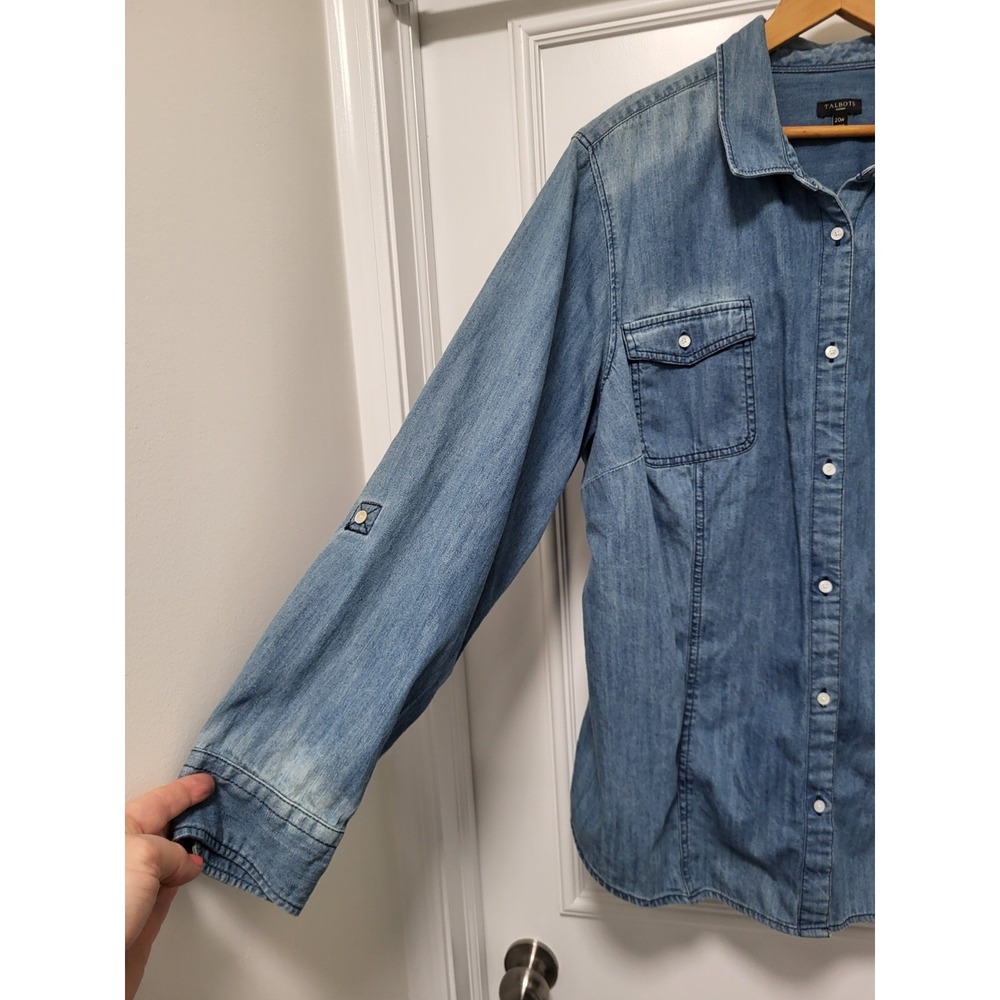 Talbots Blue Chambray Denim Roll Tab Sleeve Button Up Shirt Sz 20w - Picture 3 of 7